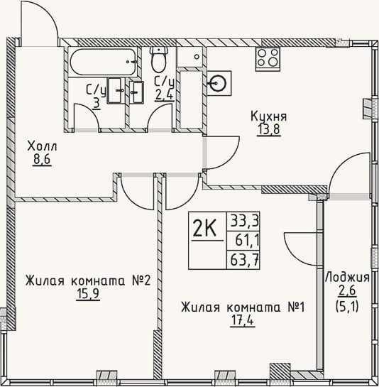 Планировка: 2-к, 61,1 м²