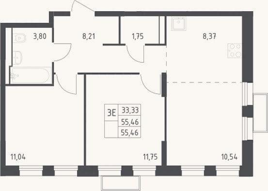 Планировка: 3-к, 55,5 м²