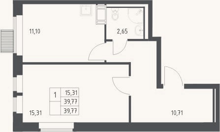 Планировка: 1-к, 39,8 м²