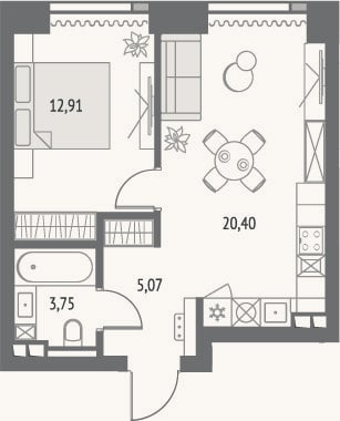Планировка: 2-к, 42,1 м²