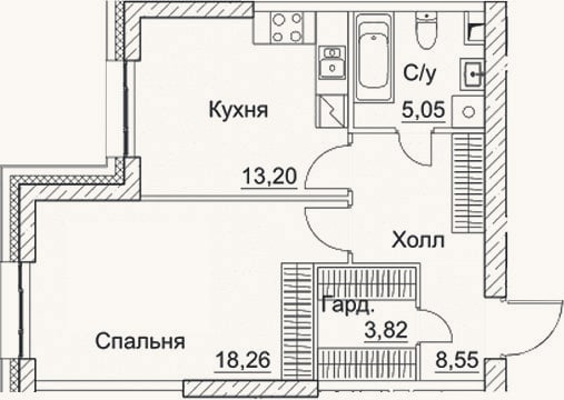 Планировка: 1-к, 48,9 м²