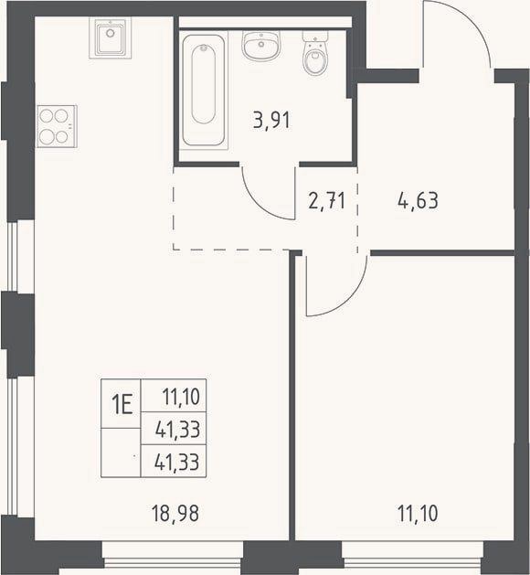 Планировка: 2-к, 41,3 м²