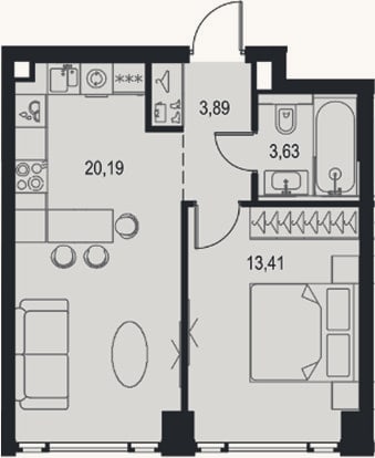 Планировка: 2-к, 41,1 м²
