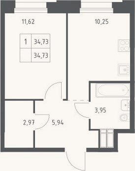Планировка: 1-к, 34,7 м²