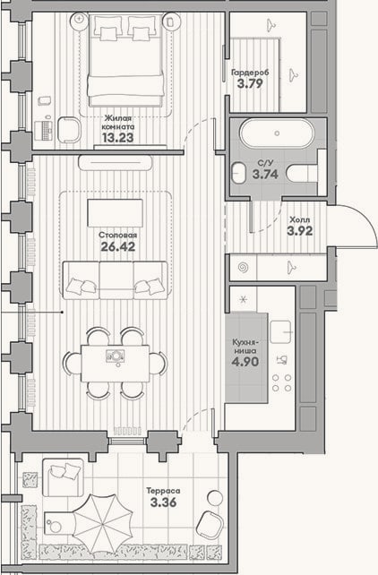 Планировка: 2-к, 56 м²