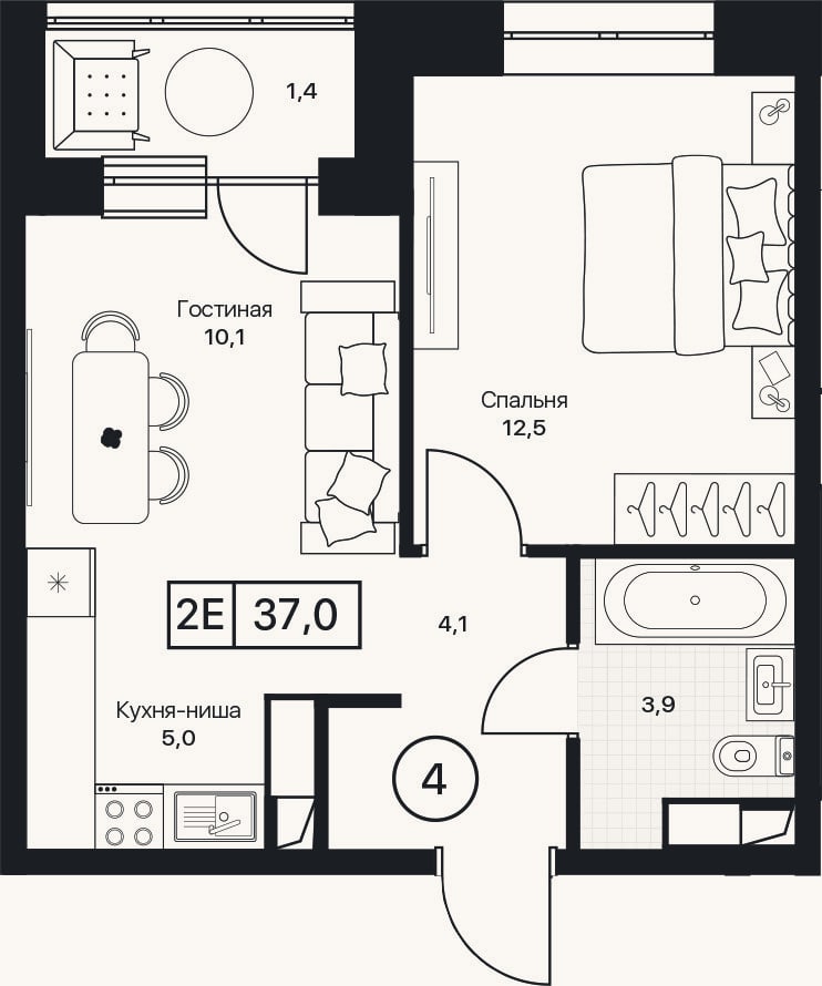 Планировка: 2-к, 35,6 м²