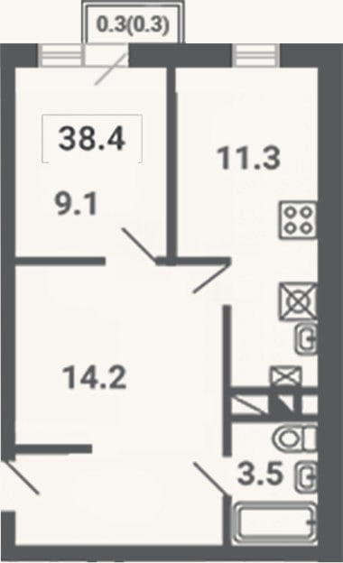 Планировка: 2-к, 38,1 м²