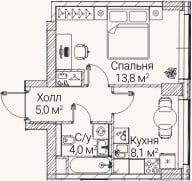Планировка: 1-к, 30,9 м²