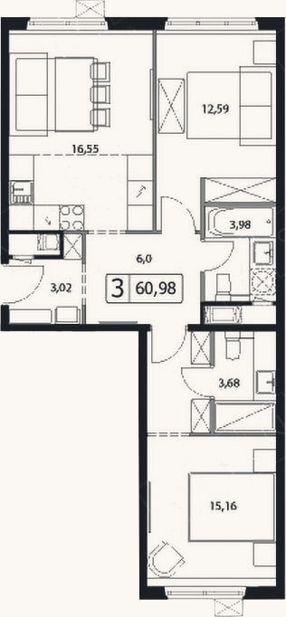 Планировка: 3-к, 61 м²