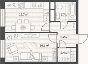 Планировка: 1-к, 38,1 м²