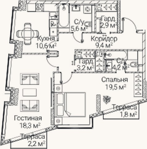 Планировка: 2-к, 73,7 м²
