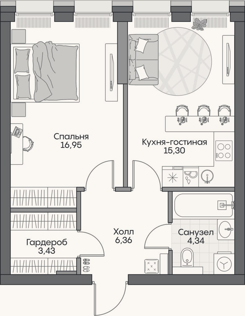 Планировка: 2-к, 45,8 м²
