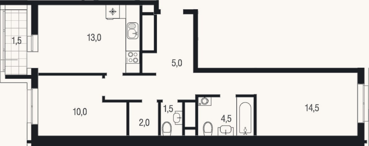Планировка: 2-к, 50,5 м²