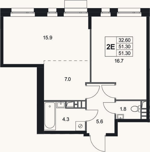 Планировка: 2-к, 51,3 м²