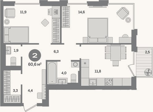 Планировка: 2-к, 58,1 м²