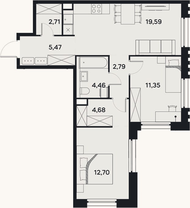 Планировка: 3-к, 63,8 м²