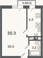 Планировка: 1-к, 29,8 м²