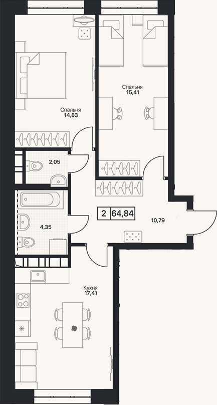 Планировка: 2-к, 64,8 м²
