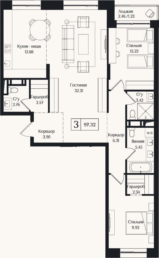 Планировка: 3-к, 96,1 м²