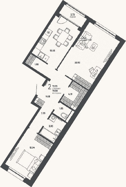 Планировка: 2-к, 70 м²
