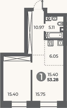Планировка: 1-к, 53,3 м²