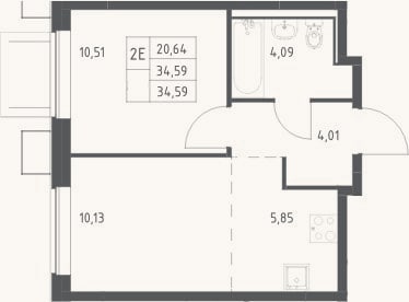 Планировка: 2-к, 34,6 м²