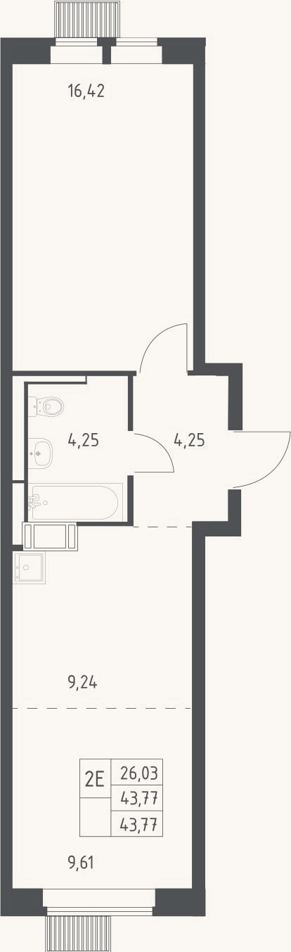 Планировка: 2-к, 43,8 м²