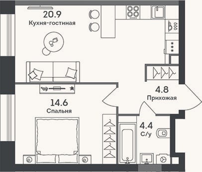 Планировка: 2-к, 44,7 м²