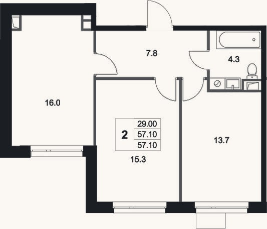 Планировка: 2-к, 57,1 м²