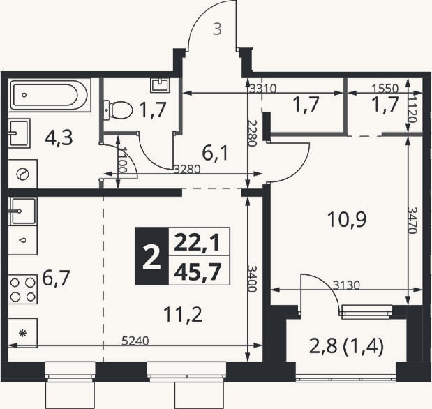 Планировка: 2-к, 44,3 м²