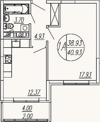 Планировка: 1-к, 38,9 м²