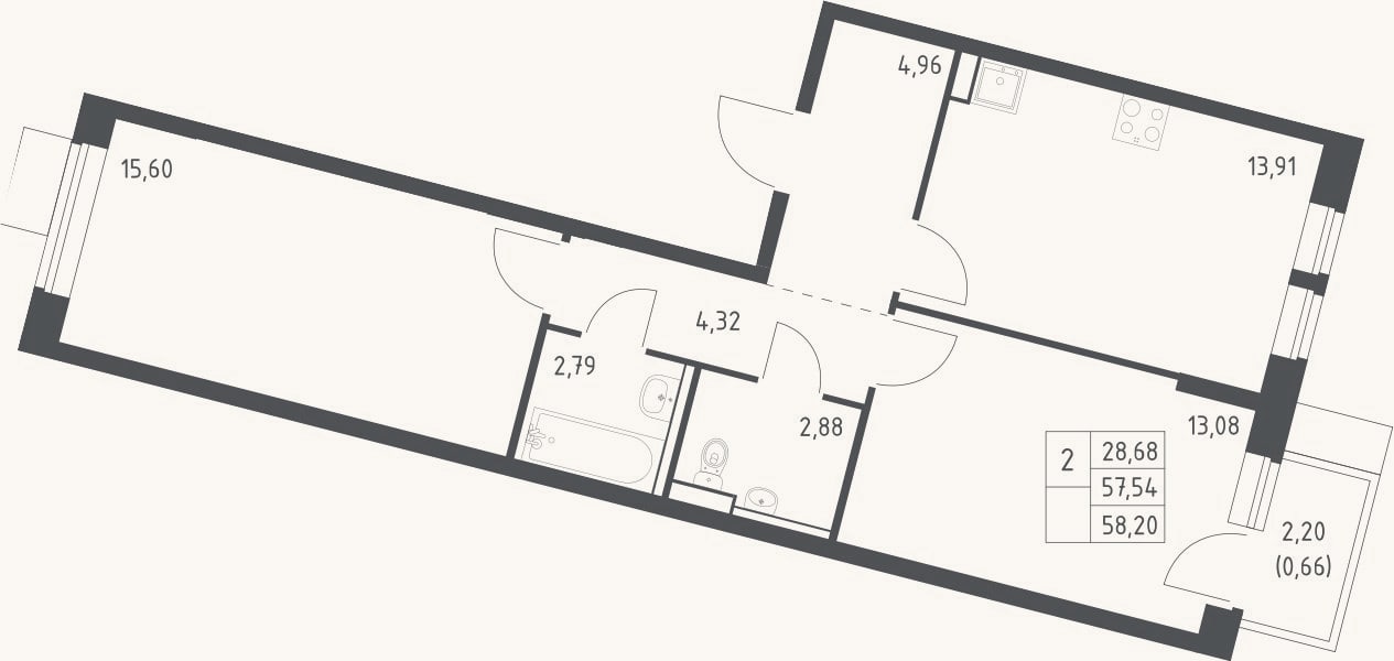 Планировка: 2-к, 57,5 м²