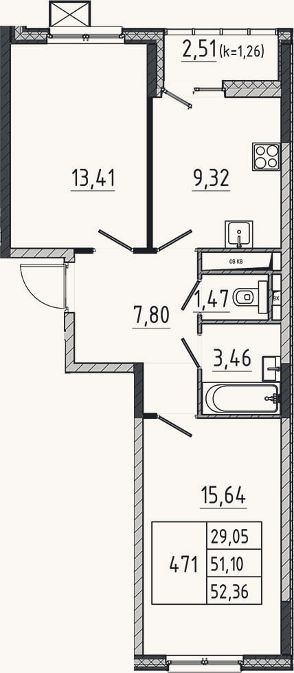 Планировка: 2-к, 51,1 м²
