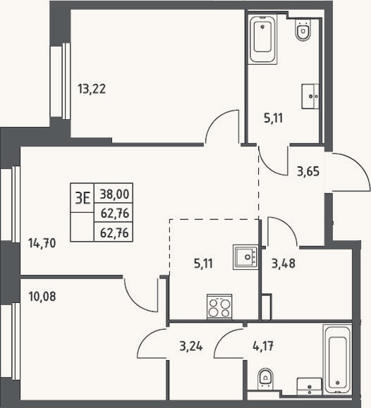 Планировка: 3-к, 62,8 м²
