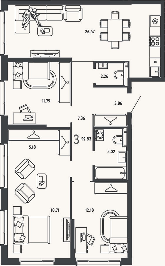 Планировка: 3-к, 92,8 м²