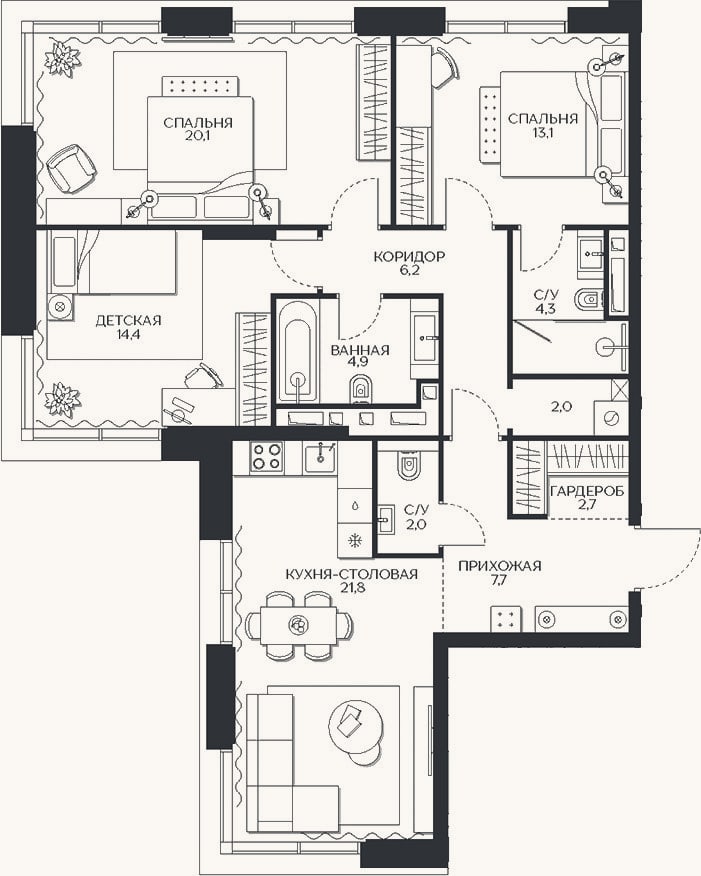 Планировка: 4+ к, 99,2 м²