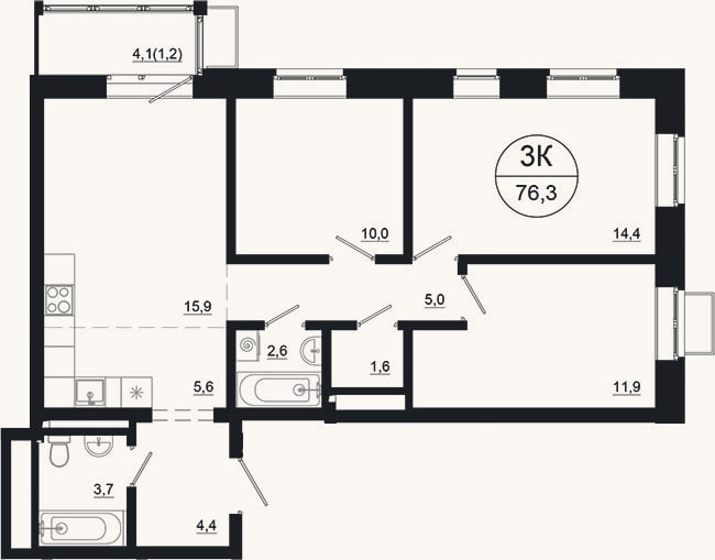 Планировка: 4+ к, 75,1 м²