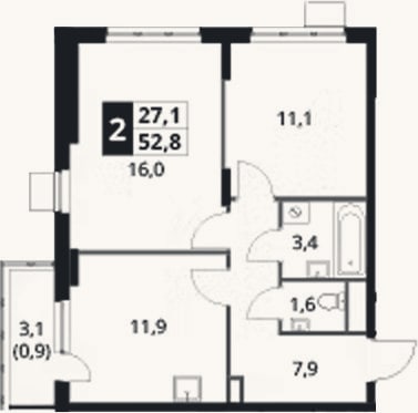 Планировка: 2-к, 51,9 м²