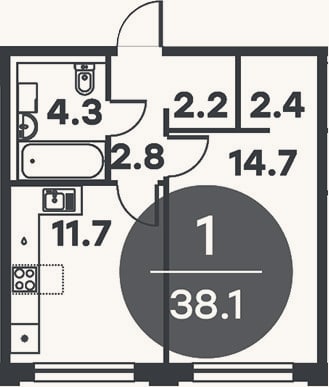 Планировка: 1-к, 38,1 м²