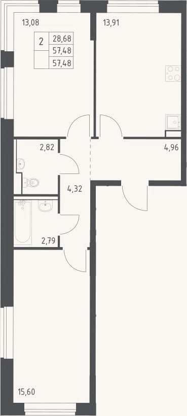 Планировка: 2-к, 57,5 м²