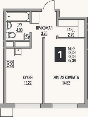 Планировка: 2-к, 37,4 м²