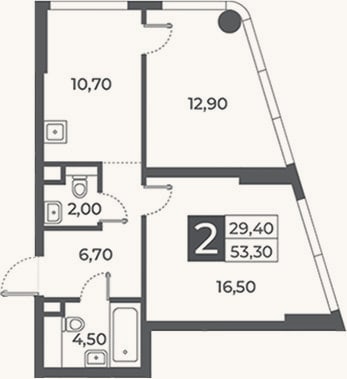 Планировка: 2-к, 53,3 м²