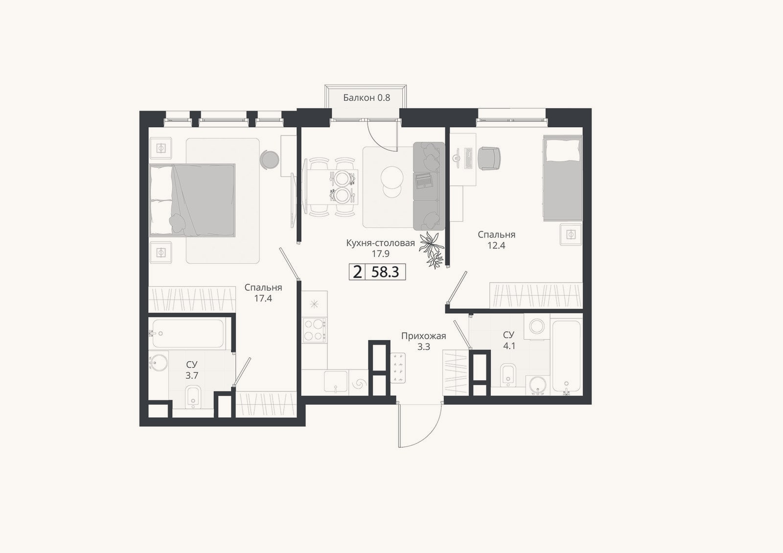 Планировка: 3-к, 58,1 м²