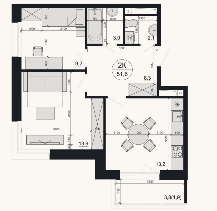 Планировка: 2-к, 49,7 м²