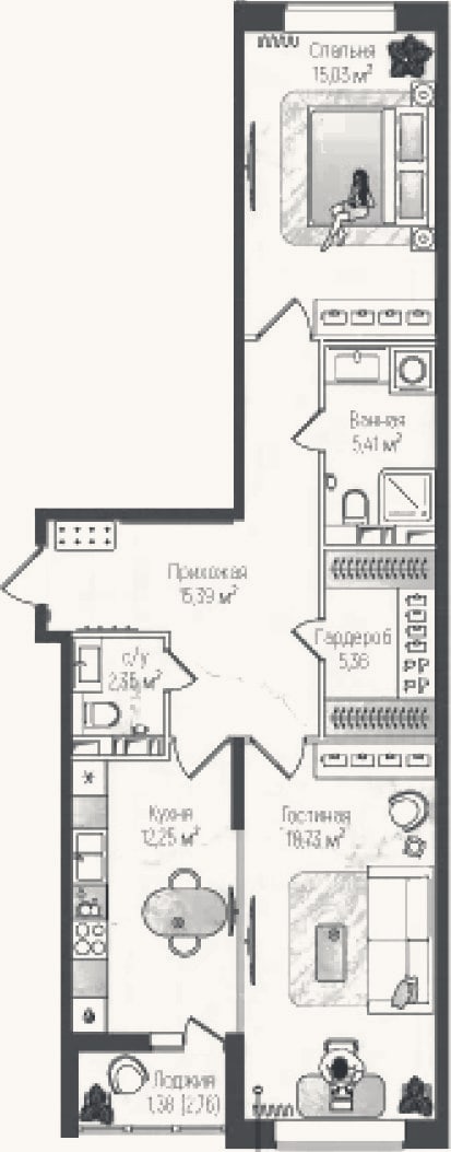 Планировка: 2-к, 74,5 м²