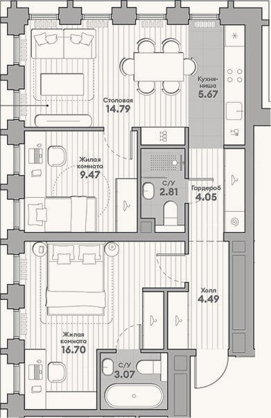 Планировка: 3-к, 61,1 м²