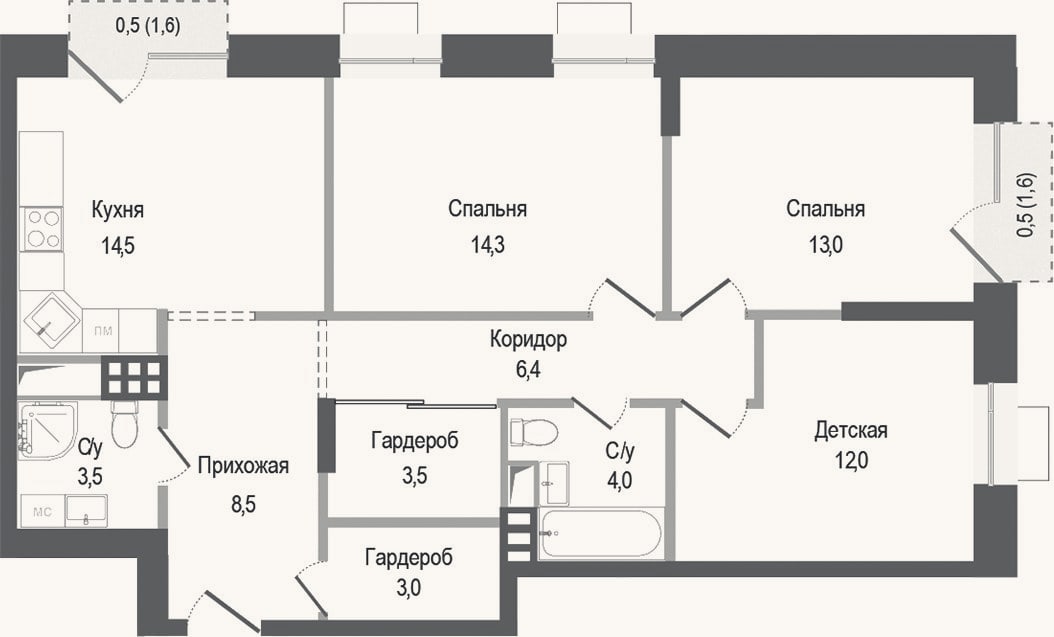 Планировка: 3-к, 82,7 м²