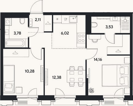 Планировка: 3-к, 52,3 м²