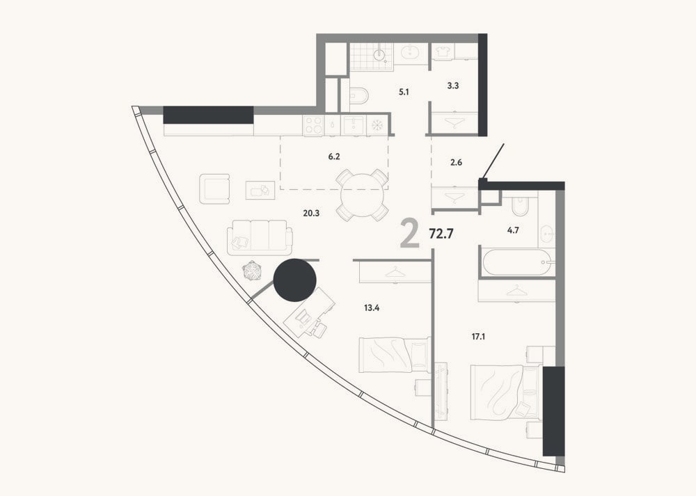 Планировка: 3-к, 72,7 м²