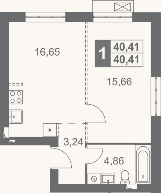 Планировка: 1-к, 40,4 м²